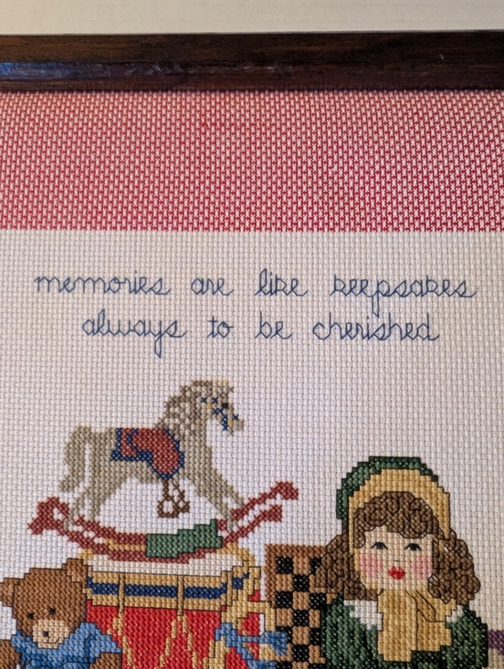 Cross-stitched Framed Toy Themed Child's Nursery Playroom Bedroom Wood Frame 15" - Picture 7 of 9